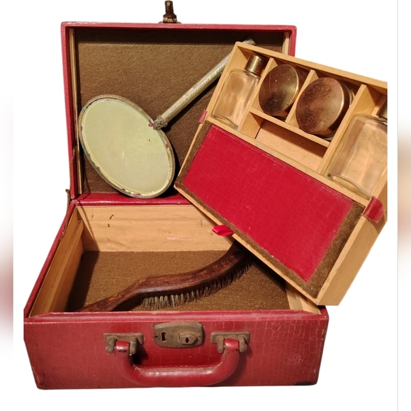 Vintage Early 1900s Red Vanity / Toiletry Case with Mirror Containers & Brush
